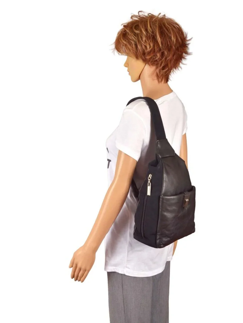 DECCA Vintage Black Leather & Nylon Sling Bag Backpack